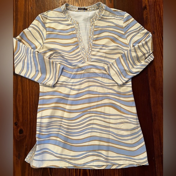J. MCLAUGHLIN Catalina Cloth Boca Printed Tunic Sandstorm Cream Tan Blue - Picture 2 of 5